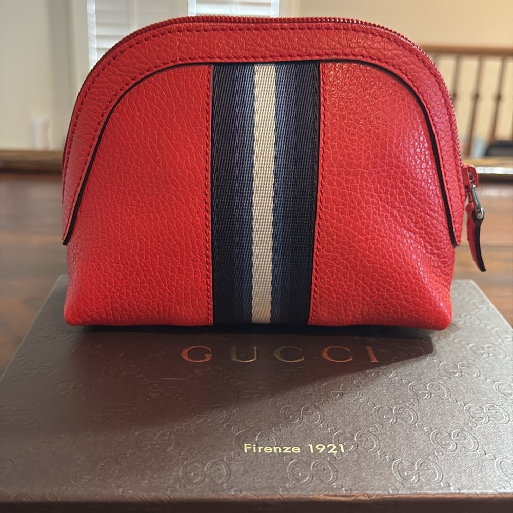 GUCCI Mini Blue Web Stripe Leather Cosmetic Bag